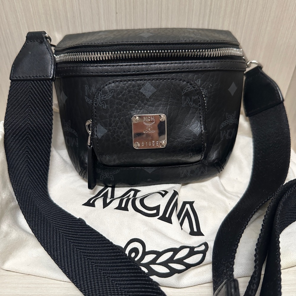 AUTHENTIC MCM Fursten Belt Bag in Visetos Black Silver Crossbody Mini